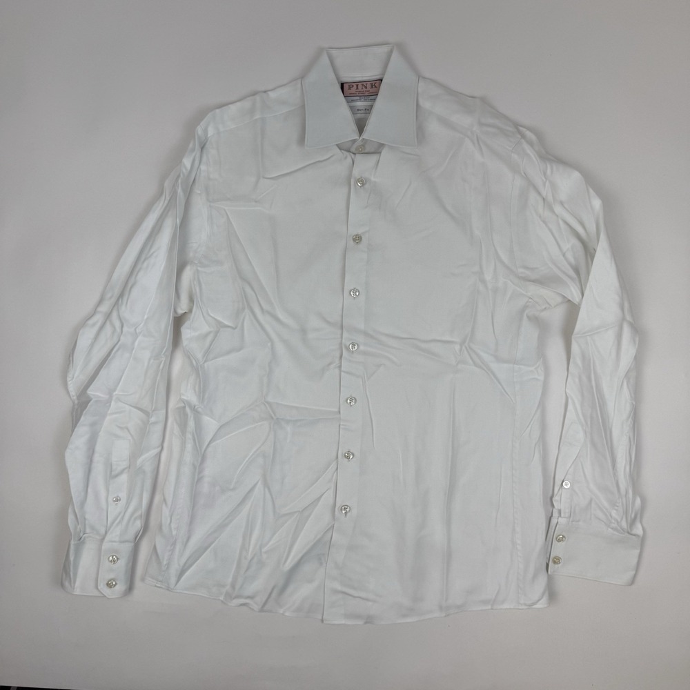 Mens Thomas Pink Slim Fit Traveller White Cotton Button-Up Dress Shirt Size 16.5